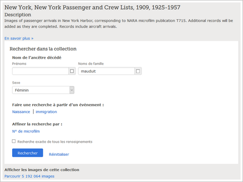 Les listes de passagers de Ellis Island accessibles gratuitement sur FamilySearch - Criteres recherche