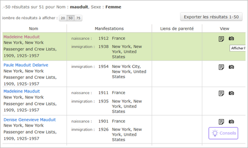 Les listes de passagers de Ellis Island accessibles gratuitement sur FamilySearch - Table Resultats