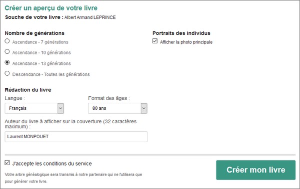 Geneanet - Livre imprimable - Page de configuration