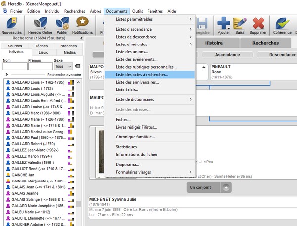 Liste des actes manquants en généalogie - Heredis