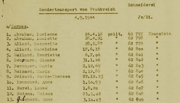 Relevé Ravensbruck transport 04 septembre 1944