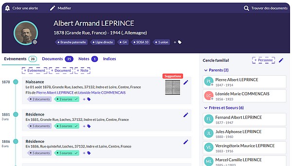 Fiche individuelle ancêtre dans arbre généalogique Filae