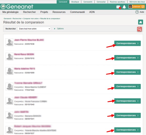 Comparaison INSEE sur Geneanet - Page résultat