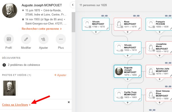 Le test de Lifestory de MyHeritage - Nouvelle LifeStory à partir de la fiche ancêtre