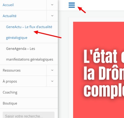 Menu GénéActu sur mobile