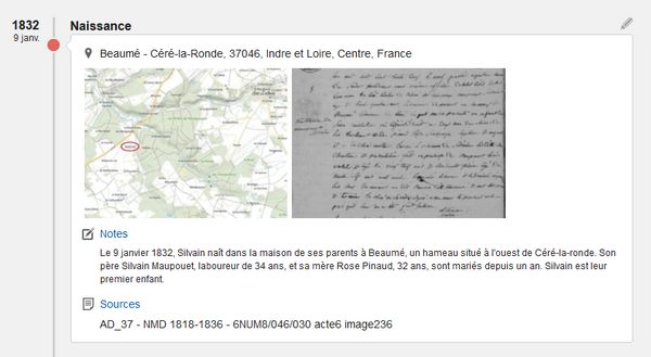 Ligne de vie - Comparaison d’Ancestry, Filae, Geneanet et MyHeritage - èvénements Geneanet avec notes et sources